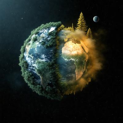 The primary subject of the image is a depiction of the Earth, which is shown as a globe with a tree on it. The setting is a space background, and the visual style is a digital art or illustration. The colors and mood of the image are predominantly green, as the tree is the main focus, and the overall atmosphere is serene and peaceful.